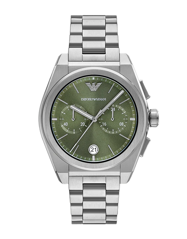  Shop Authentic Emporio Armani Federico Chronograph Green Dial Silver Steel Strap Watch for Men - AR11640 - Luxxuri