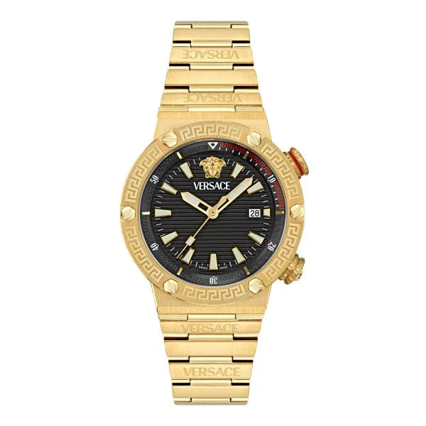  Shop Authentic Versace Greca Logo Quartz Black Dial Gold Steel Strap Watch for Men - VE8G00624 - Luxxuri