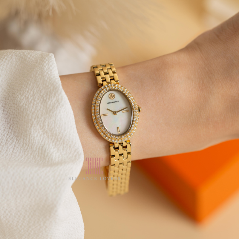 Tory Burch Oval Mother of Pearl Dial Gold Steel Strap Watch for Women - TBW6034