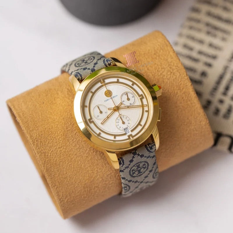 Tory Burch Classic Chronograph White Dial Grey Nylon Strap Watch for Women - TBW1035