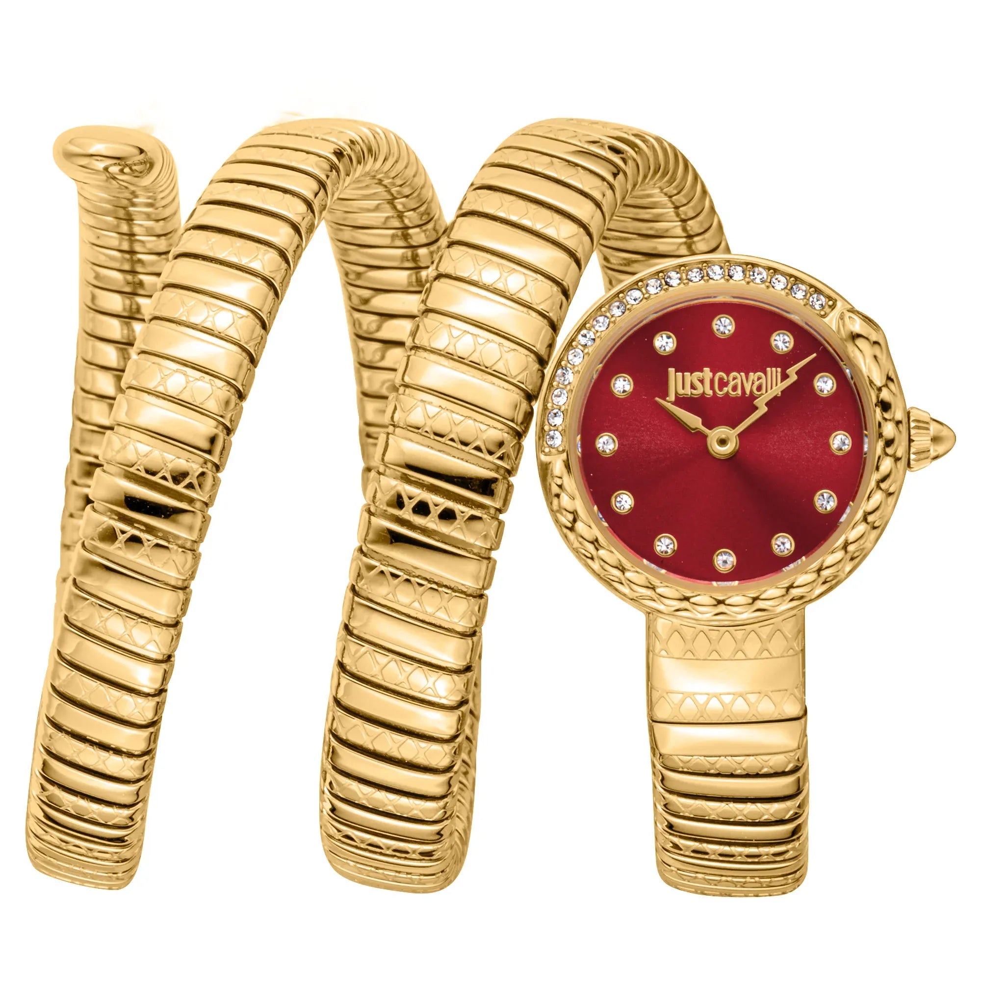 Just Cavalli Enchanting Red Dial Gold Steel Strap Watch for Women - JC1L302M0035