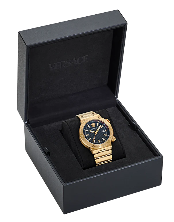  Shop Authentic Versace Greca Logo Quartz Black Dial Gold Steel Strap Watch for Men - VE8G00624 - Luxxuri