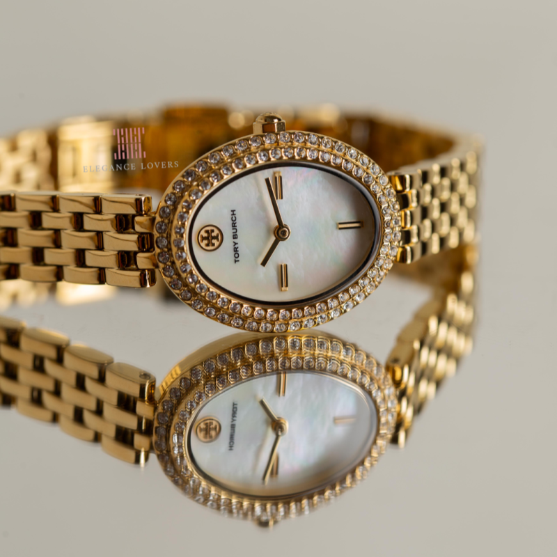 Tory Burch Oval Mother of Pearl Dial Gold Steel Strap Watch for Women - TBW6034