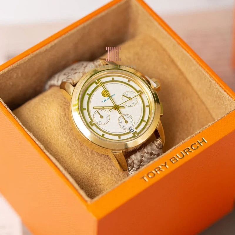 Tory Burch The Tory Chronograph White Dial Maroon Jacquard Strap Watch for Women - TBW1050