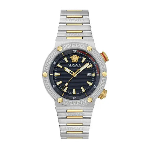  Shop Authentic Versace Greca Logo Diver Quartz Black Dial Two Tone Steel Strap Watch for Men - VE8G00424 - Luxxuri