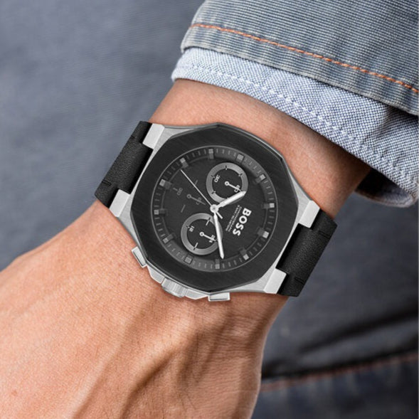 Shop Authentic Hugo Boss Taper Chronograph Black Dial Black Leather Strap Watch for Men - 1514085 - Luxxuri