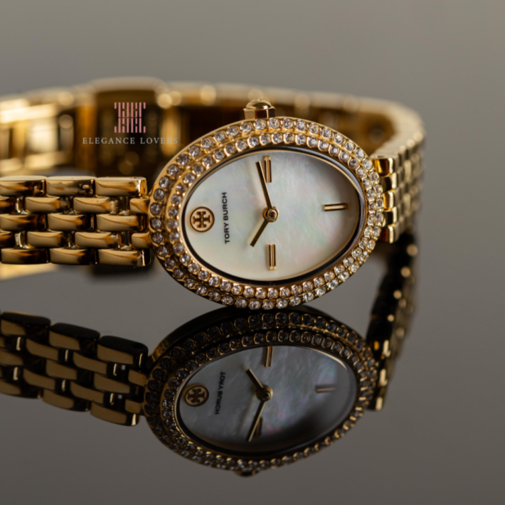 Tory Burch Oval Mother of Pearl Dial Gold Steel Strap Watch for Women - TBW6034