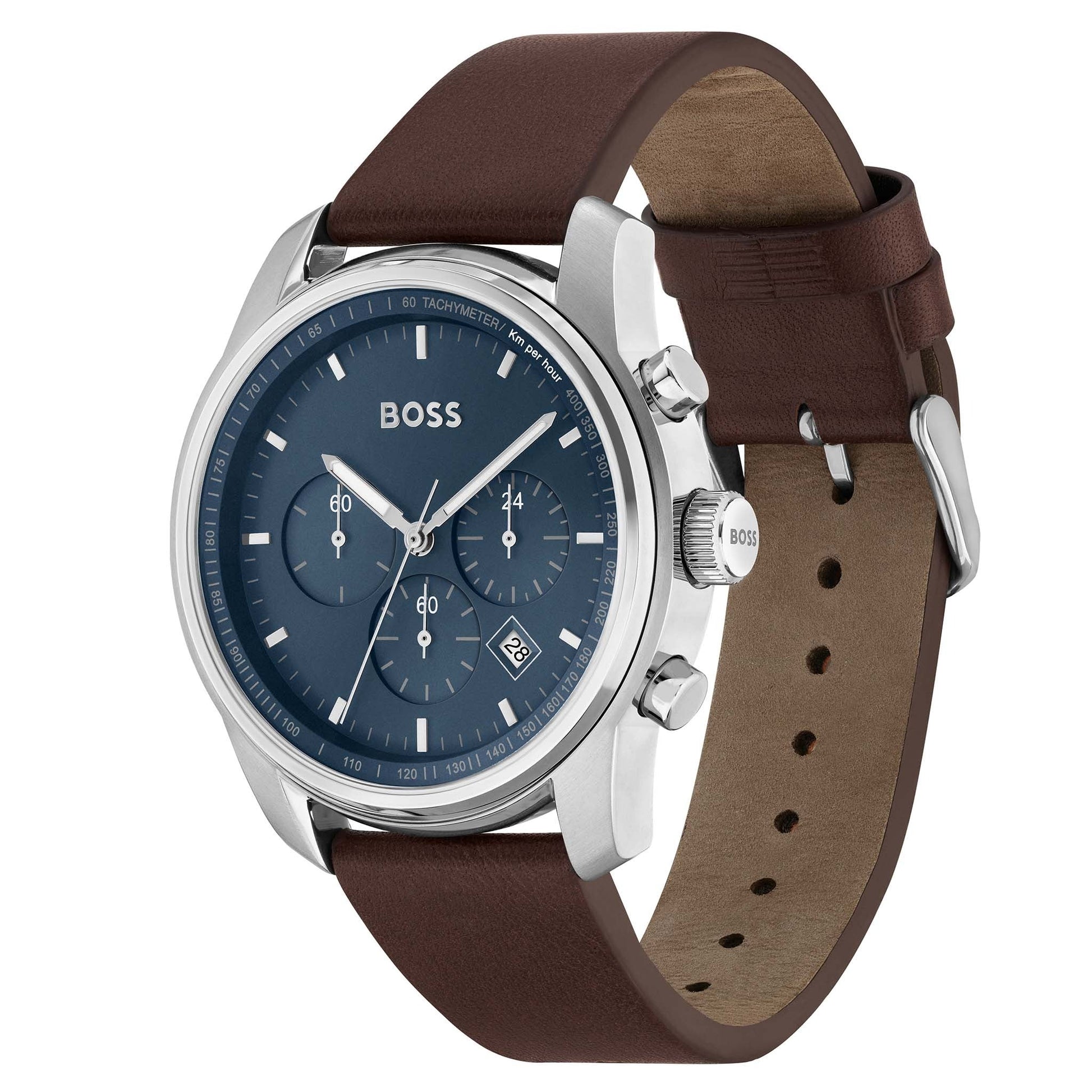  Shop Authentic Hugo Boss Trace Chronograph Blue Dial Brown Leather Strap Watch for Men - 1514002 - Luxxuri