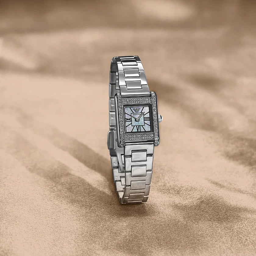  Shop Authentic Emporio Armani Genni Analog Mother of Pearl Dial Silver Steel Strap Watch for Women - AR11662 - Luxxuri