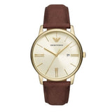 Emporio Armani Minimalist Quartz Gold Dial Brown Leather Strap Watch for Men - AR11610