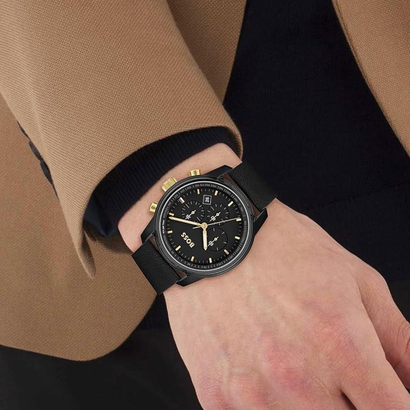  Shop Authentic Hugo Boss Trace Chronograph Black Dial Black Leather Strap Watch for Men - 1514003 - Luxxuri