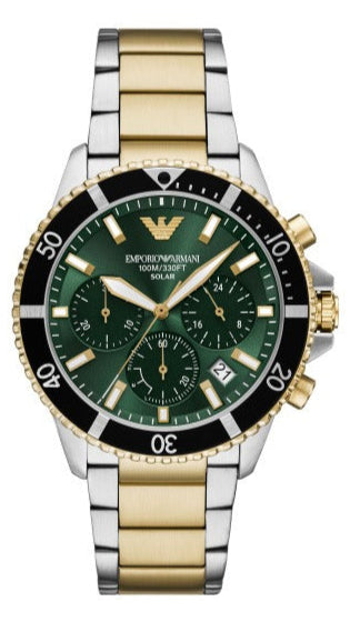  Shop Authentic Emporio Armani World Explorer Chronograph Green Dial Two Tone Steel Strap Watch for Men - AR11695 - Luxxuri