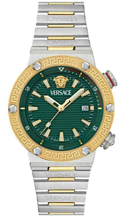  Shop Authentic Versace Greca Logo Diver Quartz Green Dial Two Tone Steel Strap Watch for Men - VE8G00524 - Luxxuri