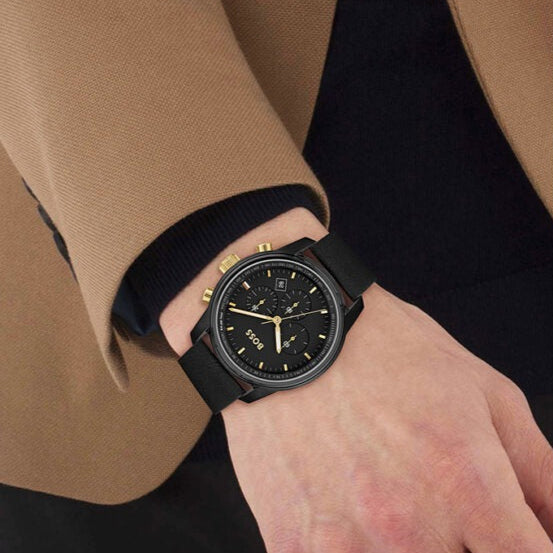  Shop Authentic Hugo Boss Trace Chronograph Black Dial Black Leather Strap Watch for Men - 1514003 - Luxxuri