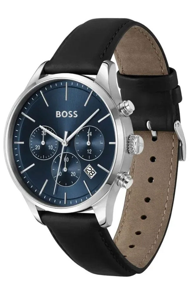  Shop Authentic Hugo Boss Avery Chronograph Blue Dial Black Leather Strap Watch for Men - 1514156 - Luxxuri