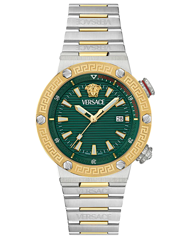  Shop Authentic Versace Greca Logo Diver Quartz Green Dial Two Tone Steel Strap Watch for Men - VE8G00524 - Luxxuri