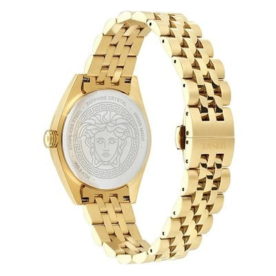 Versace V-Code Quartz Black Dial Gold Steel Strap Watch for Women - VE8I00724