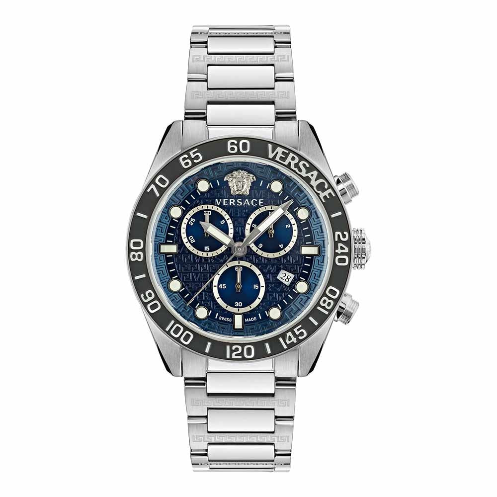 Versace Greca Dome Chronograph Blue Dial Silver Steel Strap Watch for Men - VE6K00323