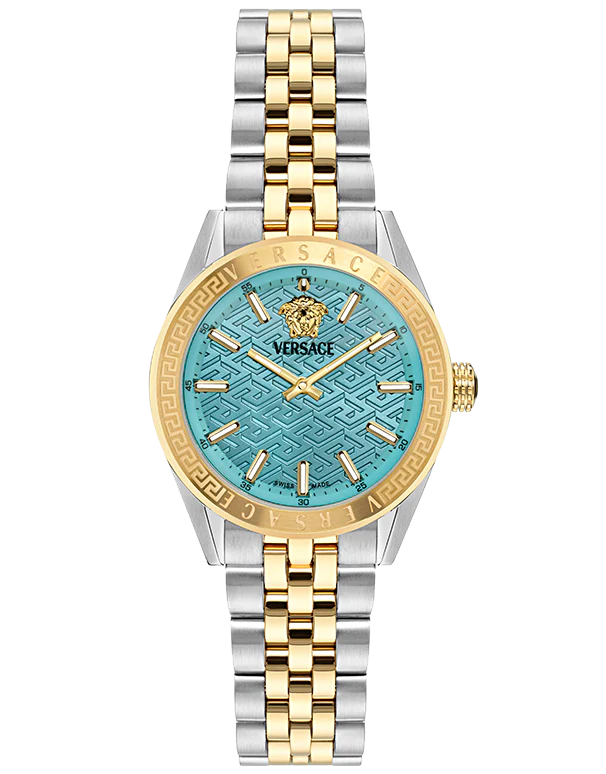  Shop Authentic Versace V-Code Analog Turquoise Dial Two Tone Steel Strap Watch for Women - VE8I00524 - Luxxuri