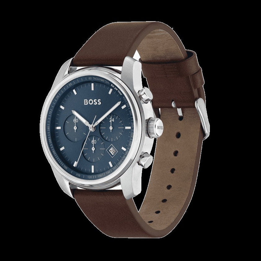 Hugo Boss Trace Chronograph Blue Dial Brown Leather Strap Watch for Men - 1514002