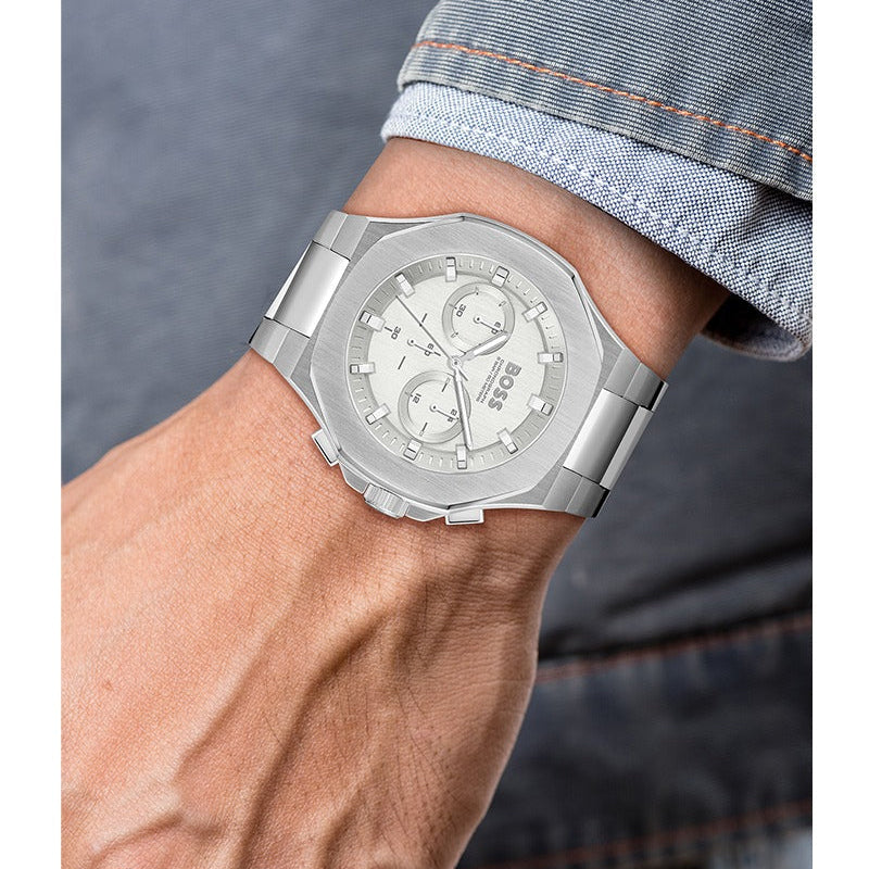 Shop Authentic Hugo Boss Taper Chronograph White Dial Silver Steel Strap Watch for Men - 1514087 - Luxxuri