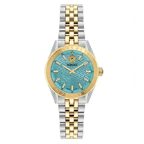  Shop Authentic Versace V-Code Analog Turquoise Dial Two Tone Steel Strap Watch for Women - VE8I00524 - Luxxuri