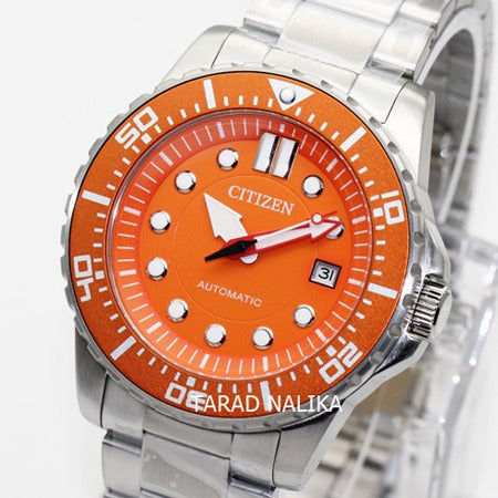 Citizen Mechanical Automatic Orange Dial Silver Steel Strap Watch for Men - NJ0128-80X