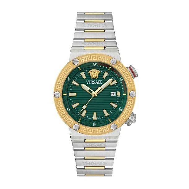  Shop Authentic Versace Greca Logo Diver Quartz Green Dial Two Tone Steel Strap Watch for Men - VE8G00524 - Luxxuri