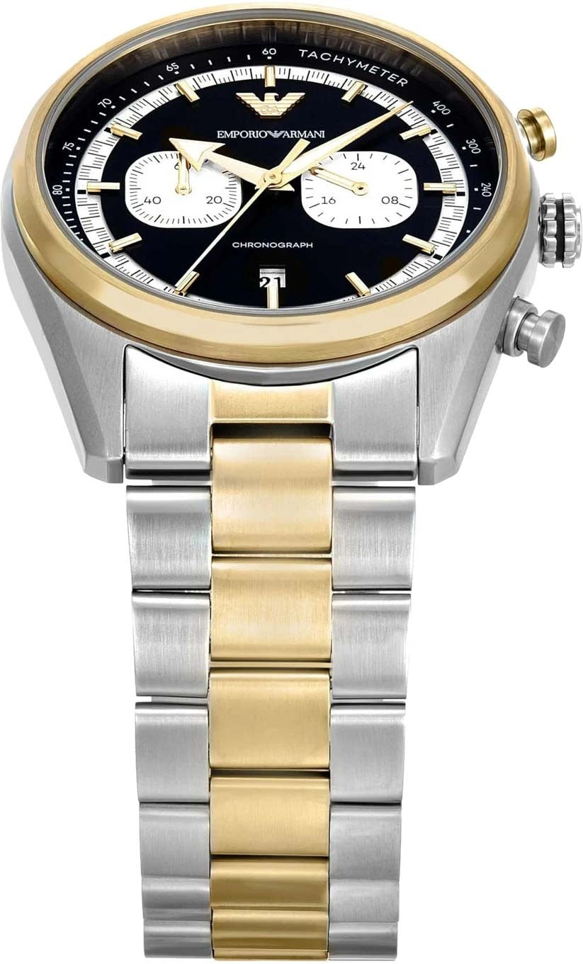 Emporio Armani Racer Chronograph Black Dial Two Tone Steel Strap Watch for Men - AR11678