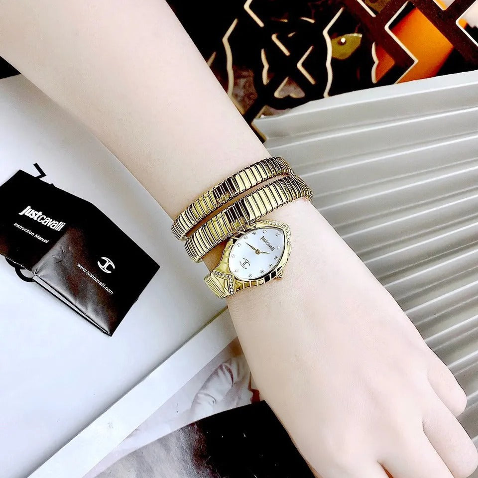 Just Cavalli Classico Lungo White Dial Gold Steel Strap Watch for Women - JC1L248M0025