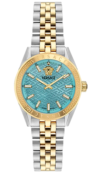  Shop Authentic Versace V-Code Analog Turquoise Dial Two Tone Steel Strap Watch for Women - VE8I00524 - Luxxuri