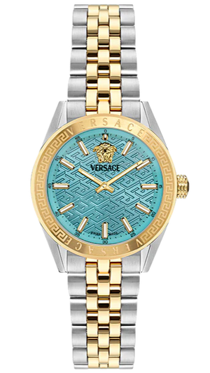  Shop Authentic Versace V-Code Analog Turquoise Dial Two Tone Steel Strap Watch for Women - VE8I00524 - Luxxuri