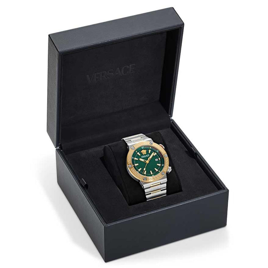  Shop Authentic Versace Greca Logo Diver Quartz Green Dial Two Tone Steel Strap Watch for Men - VE8G00524 - Luxxuri