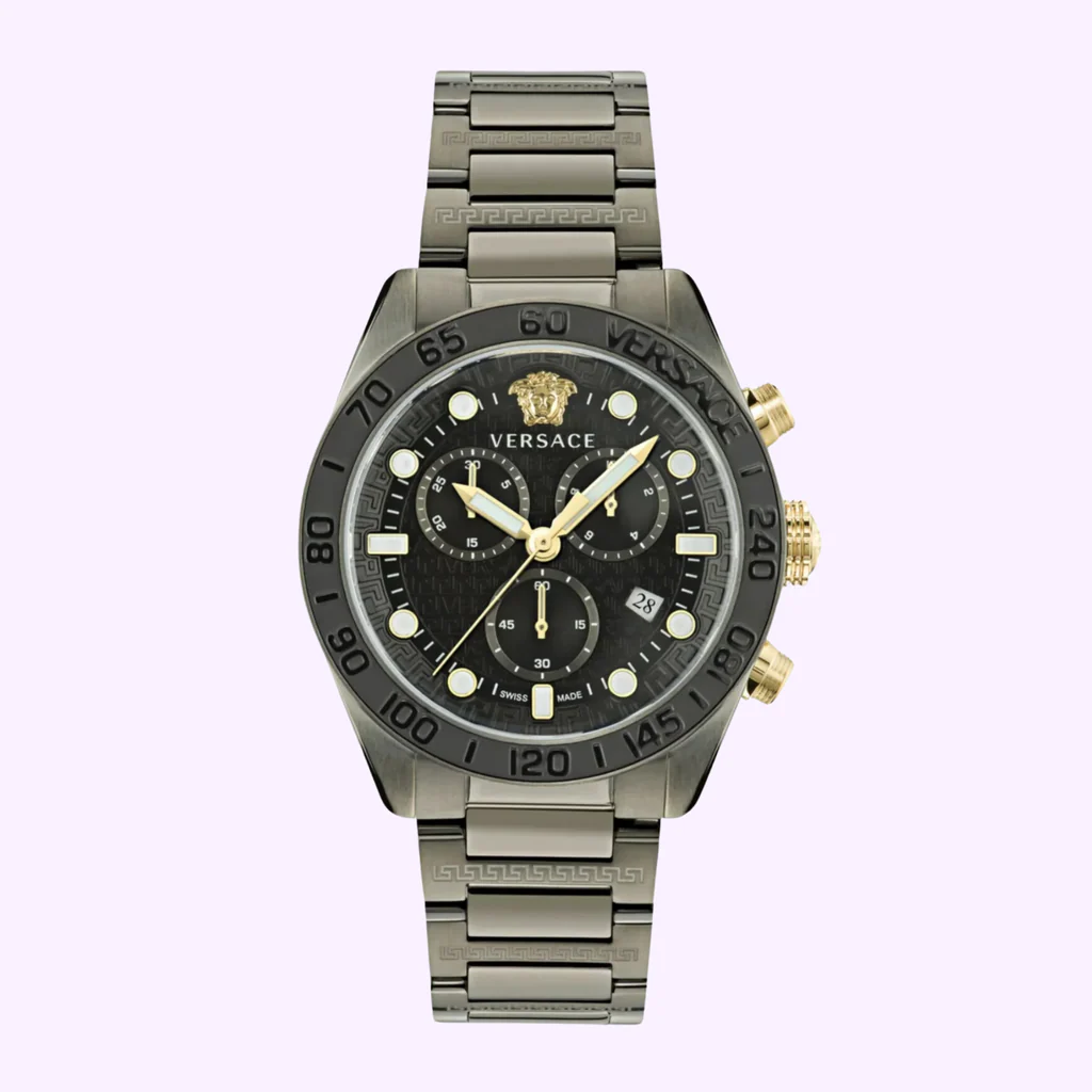  Shop Authentic Versace Greca Dome Chronograph Black Dial Grey Steel Strap Watch for Men - VE6K00623 - Luxxuri