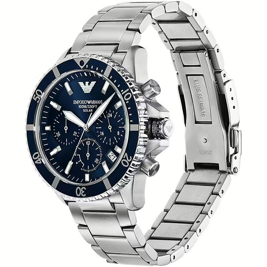  Shop Authentic Emporio Armani World Explorer Chronograph Blue Dial Silver Steel Strap Watch for Men - AR11681 - Luxxuri