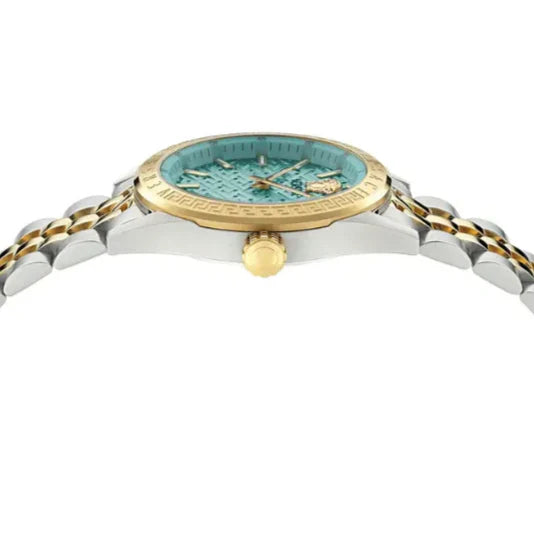  Shop Authentic Versace V-Code Analog Turquoise Dial Two Tone Steel Strap Watch for Women - VE8I00524 - Luxxuri