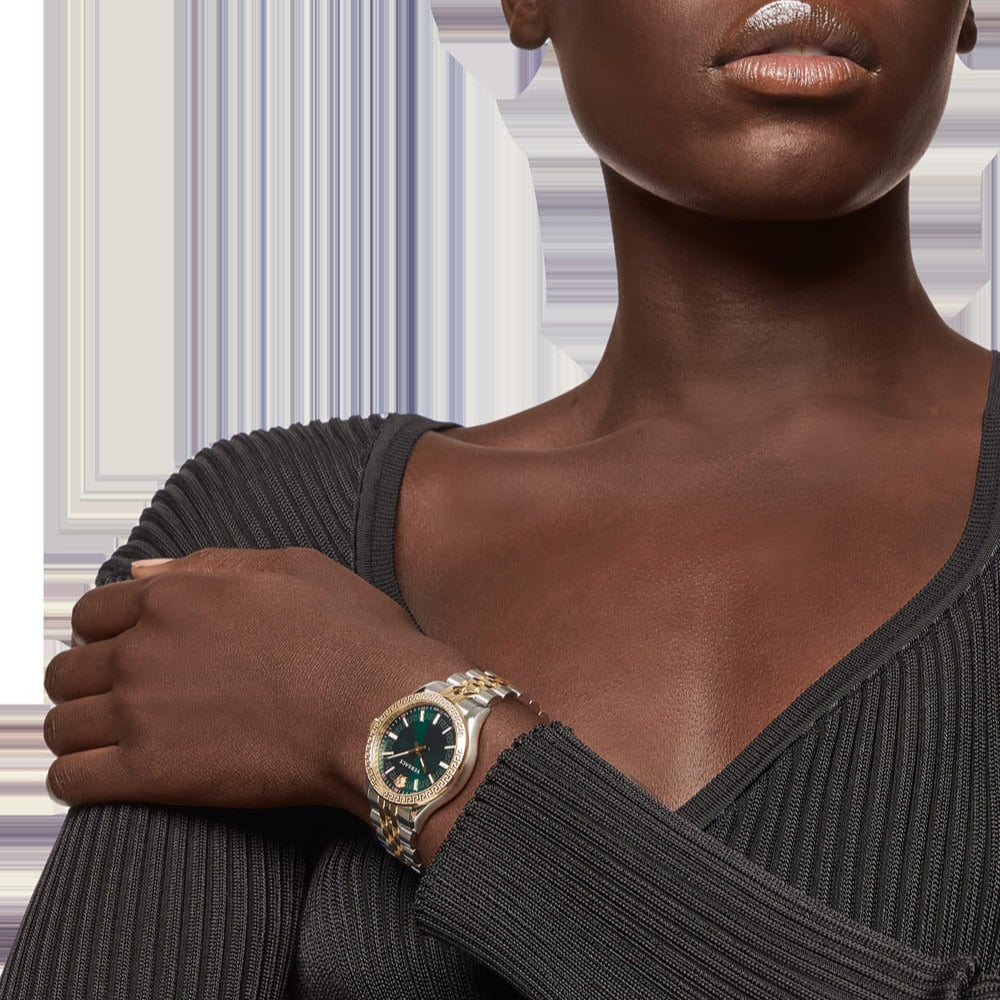  Shop Authentic Versace Hellenyium Quartz Green Dial Two Tone Steel Strap Watch for Women - VEHU00420 - Luxxuri