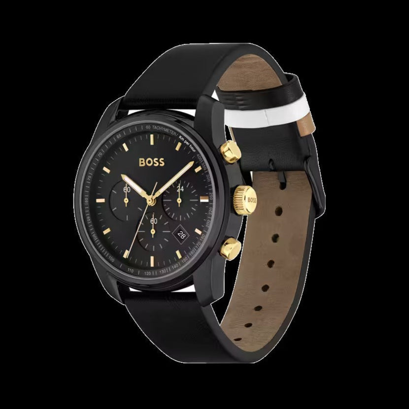  Shop Authentic Hugo Boss Trace Chronograph Black Dial Black Leather Strap Watch for Men - 1514003 - Luxxuri
