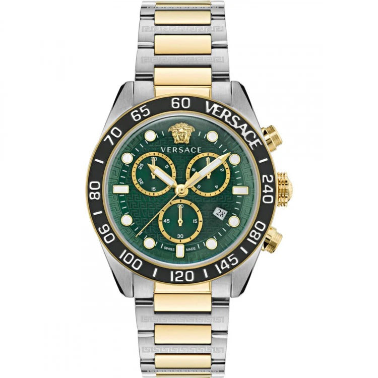  Shop Authentic Versace Greca Dome Chronograph Green Dial Two Tone Steel Strap Watch for Men - VE6K00423 - Luxxuri