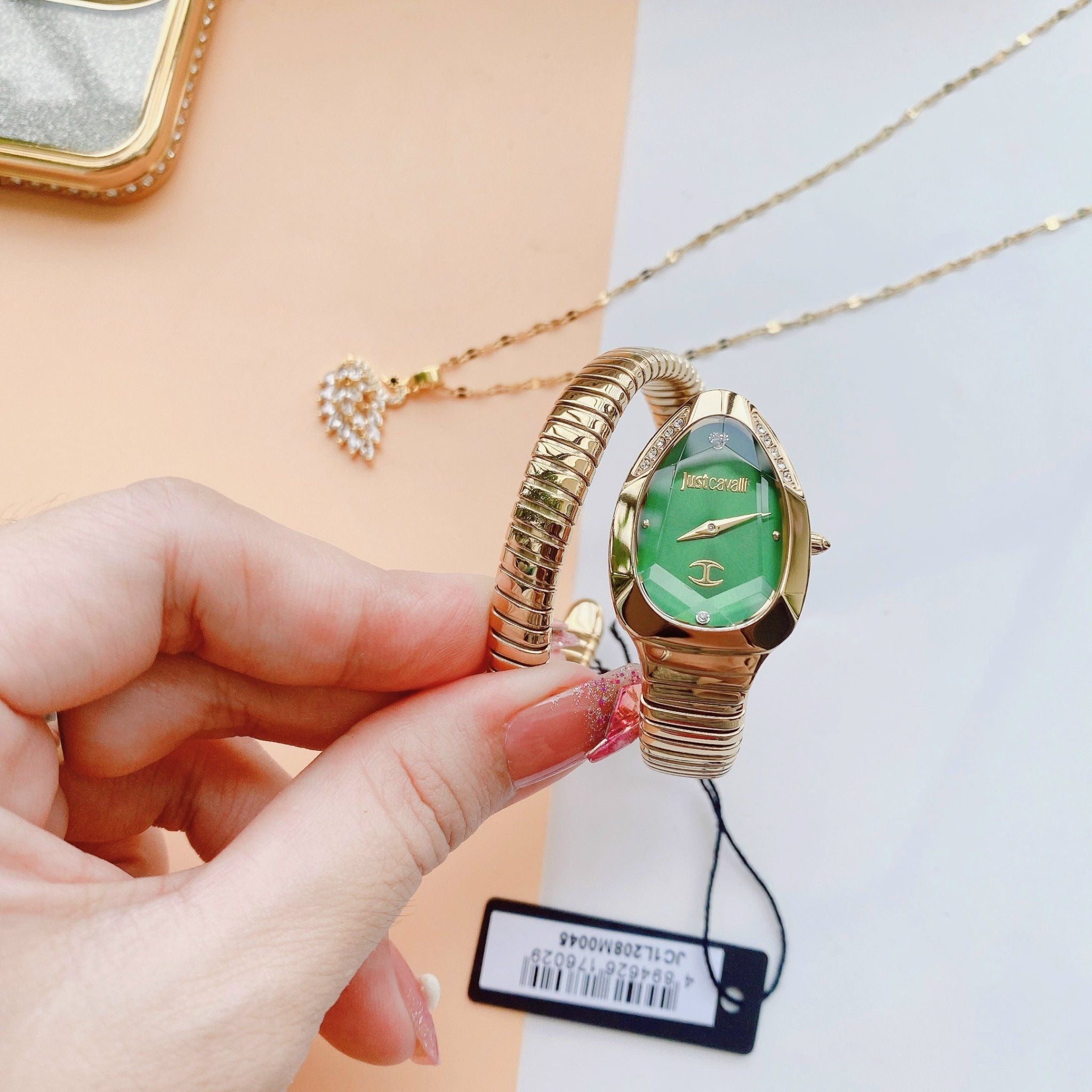 Just Cavalli Serpente Metallica Green Dial Gold Steel Strap Watch for Women - JC1L208M0045