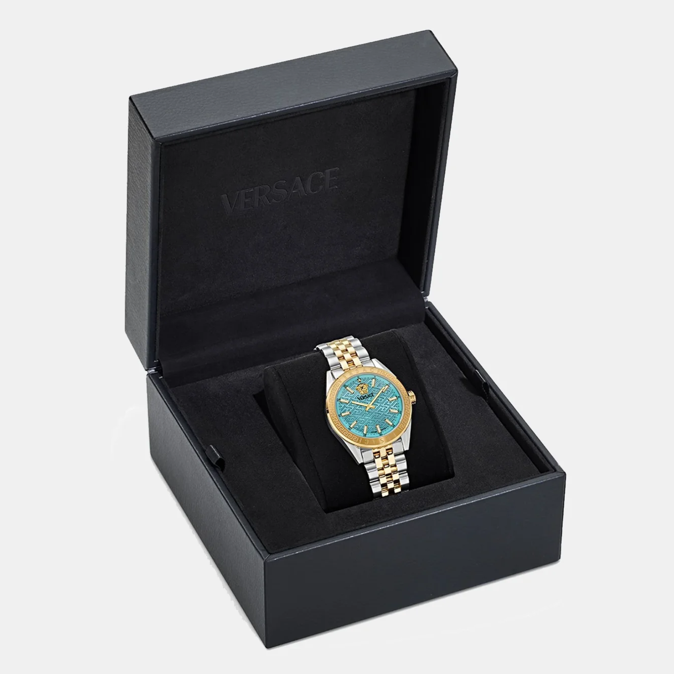  Shop Authentic Versace V-Code Analog Turquoise Dial Two Tone Steel Strap Watch for Women - VE8I00524 - Luxxuri