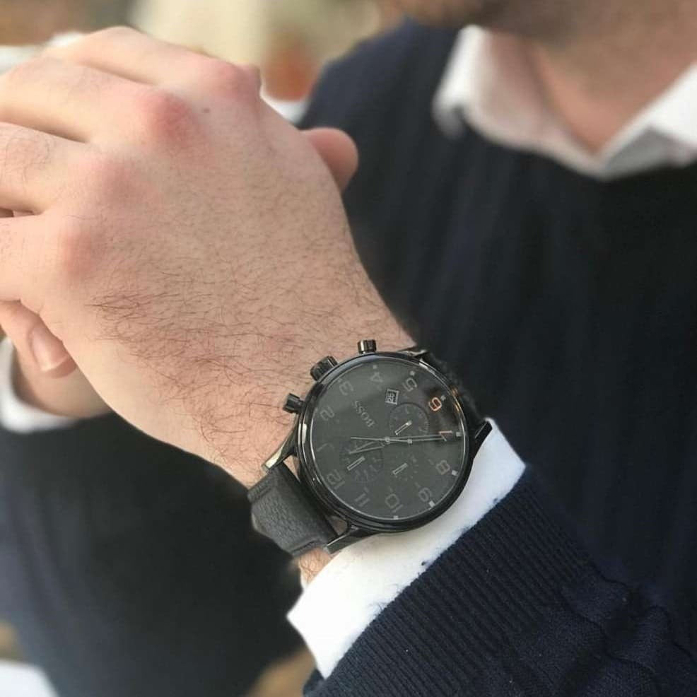  Shop Authentic Hugo Boss Aeroliner Chronograph Black Dial Black Leather Strap Watch for Men - 1512567 - Luxxuri