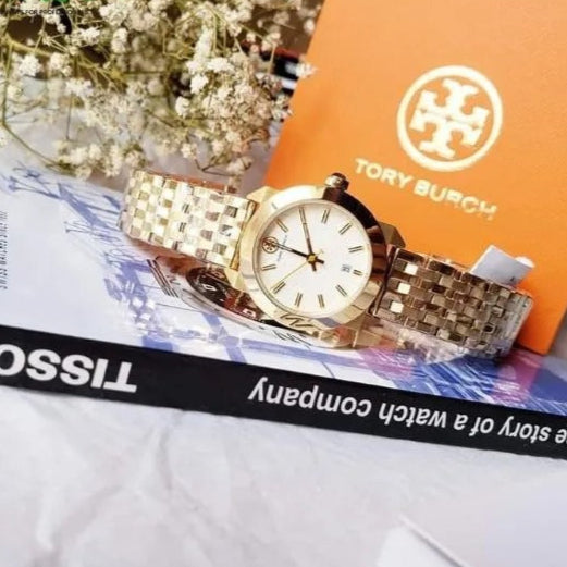 Tory Burch Whitney White Dial Gold Steel Strap Watch for Women - TBW8000