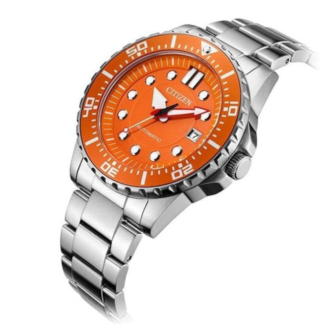 Citizen Mechanical Automatic Orange Dial Silver Steel Strap Watch for Men - NJ0128-80X