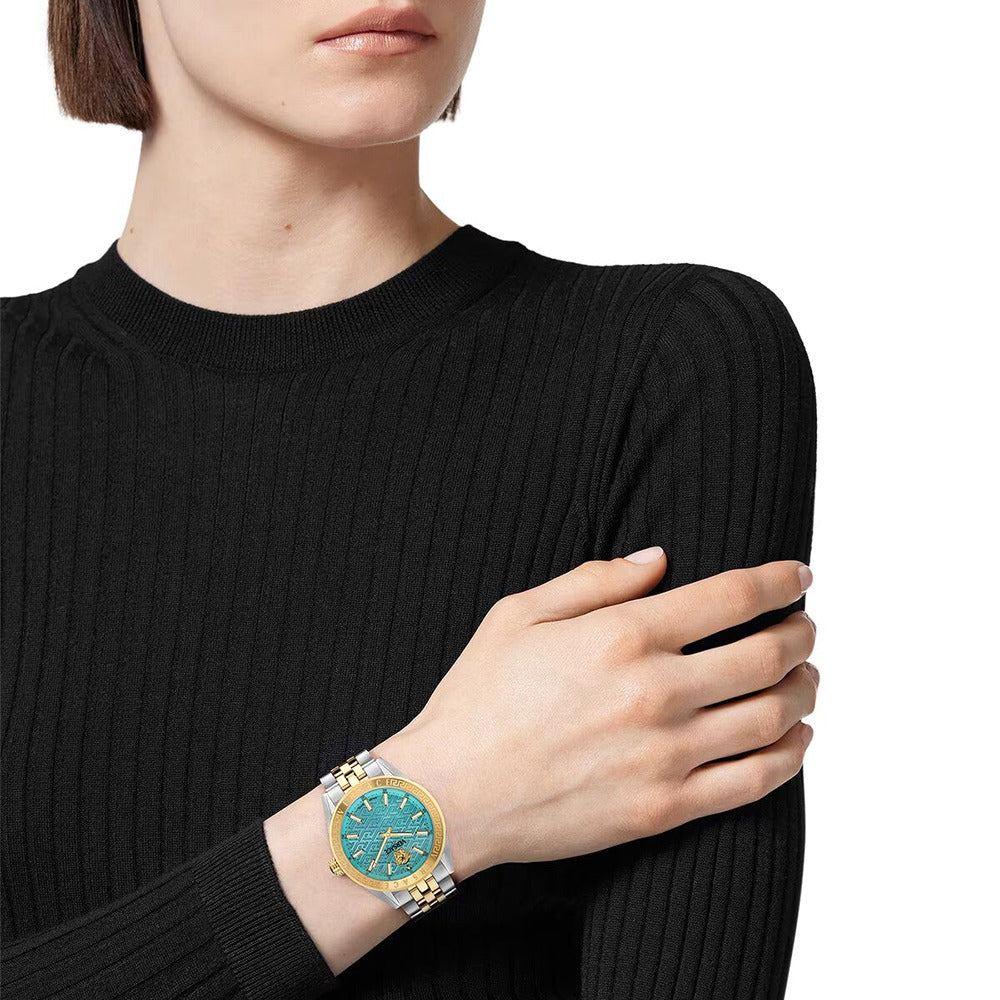 Versace V-Code Analog Turquoise Dial Two Tone Steel Strap Watch for Women - VE8I00524