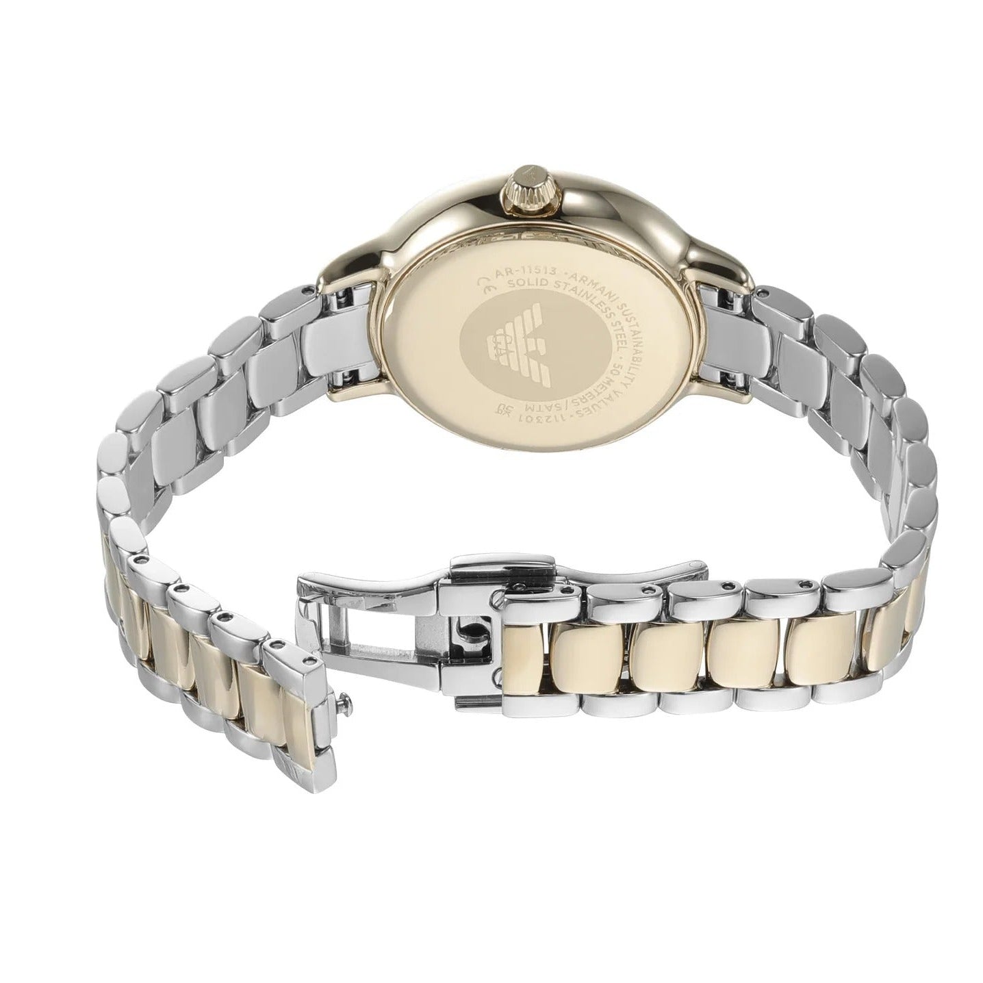 Emporio Armani Cleo Three Hand Mother of Pearl Dial Two Tone Steel Strap Watch for Women - AR11513