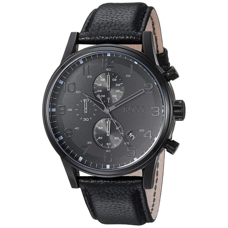  Shop Authentic Hugo Boss Aeroliner Chronograph Black Dial Black Leather Strap Watch for Men - 1512567 - Luxxuri