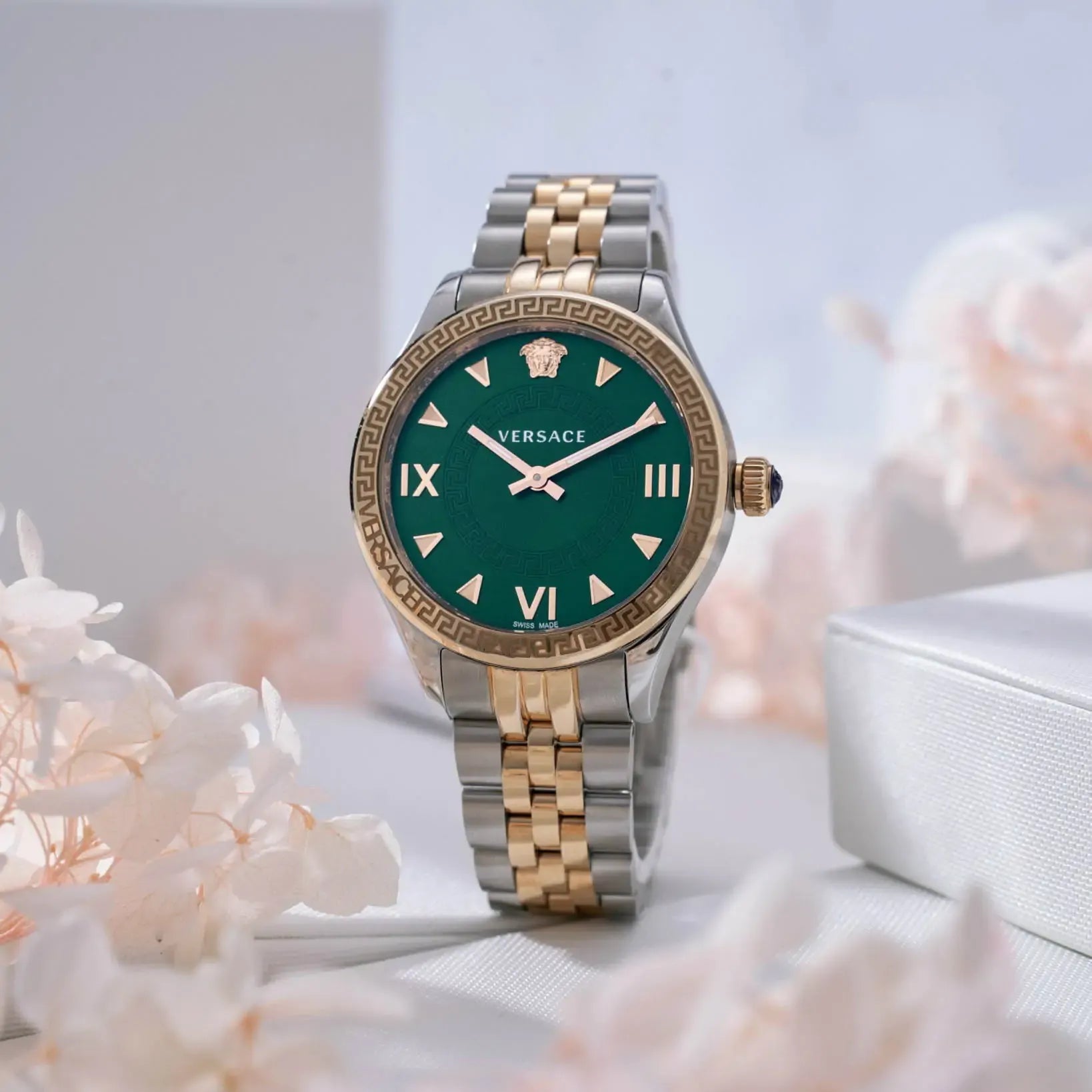  Shop Authentic Versace Hellenyium Quartz Green Dial Two Tone Steel Strap Watch for Women - VE2S00422 - Luxxuri