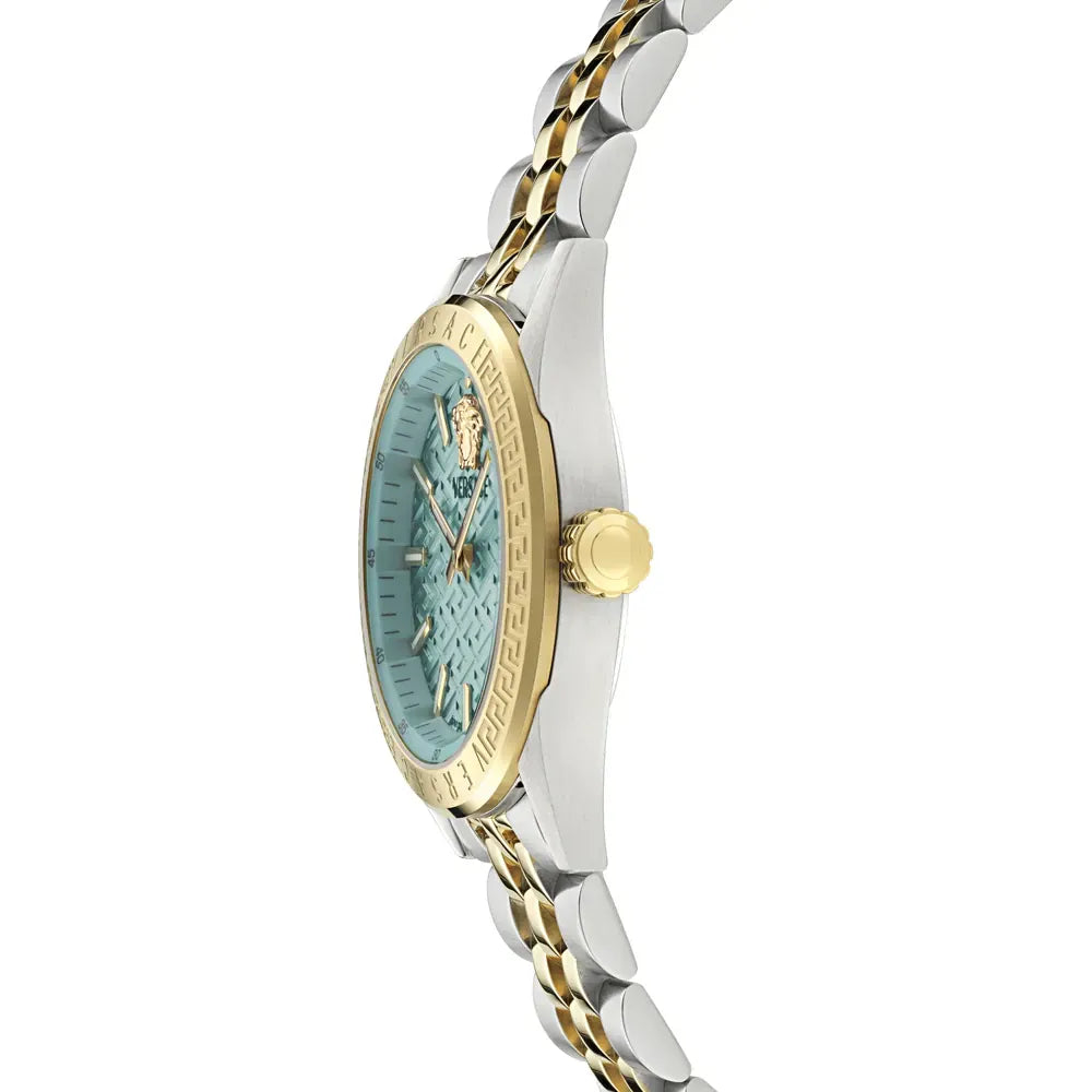  Shop Authentic Versace V-Code Analog Turquoise Dial Two Tone Steel Strap Watch for Women - VE8I00524 - Luxxuri