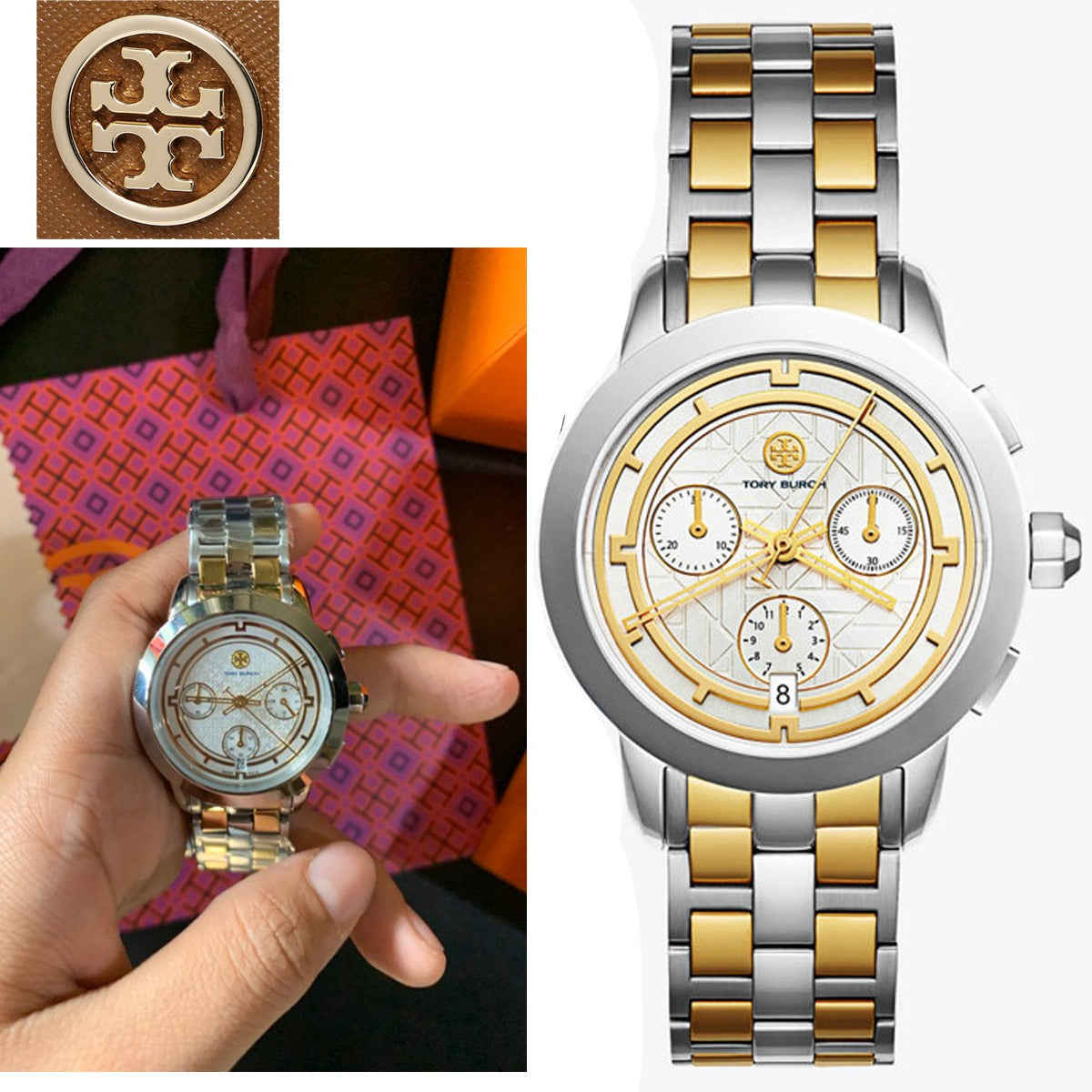 Tory Burch Classic Chronograph White Dial Two Tone Steel Strap Watch for Women - TBW1034